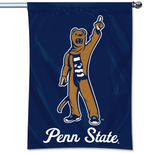 navy vertical flag with Nittany Lion Mascot above script Penn State